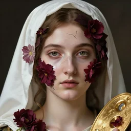 hyperrealism close - up mythological portrait of an exquisite medieval woman's shattered face partially made of maroon flowers in style of classicism, wearing white silk hood, gold palette
