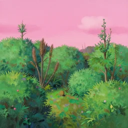 a painting of a garden by studio ghibli, vaporwave, pink sky, surrealist, digital art, nostalgia, shrubs