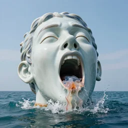 a massive porcelain sculpture on the ocean water of a distorted human face vomiting jelly from his mouth, funny sculpture, lucid dream series, cinematic, hyper - realistic, very detailed, realistic water splashes, ray tracing, 8 k resolution, long - shot, sharp focus, low angle, 8 5 mm photograph, wide lens