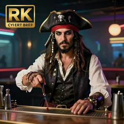high quality portrait of a pirate bartender in a cyberpunk cyberpunk cyberpunk cafe, realism, 8k, award winning photo