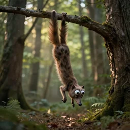 the marsupilami in the forest, hanging, very long tail, photo realistic, light rays, highly detailed