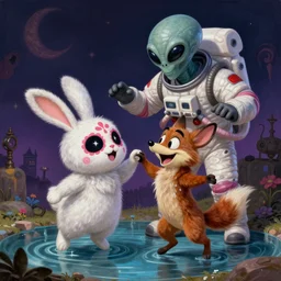 an evil alien astronaut, stalker, matte sharp painting a cute fluffy dia de los muertos bunny and his friend the cunning coyote that gleefully dance in a pool of water, artstation behance storybook gary baseman, preston blair, tex avery, dan mumford, pedro correa
