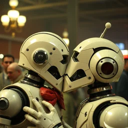 photo of marx kissing a robot,