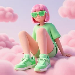 fashion model with short pink hair, sunglasses with light green lenses, 3 d, photorealistic, green sneaks, morning, vouge photo style, pink clouds on background