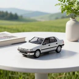 a small miniature of a Peugeot 309 Vital on a white table near a book and a vase with a plant, 3d render, unreal engine 5, octane render, 4k, low contrast, path tracing, serene landscape, calm, relaxing, beautiful landscape, highly detailed, high quality, product photo, hyperrealistic, concept art, symmetrical