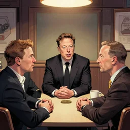 comic scene of elon musk, mark zuckerberg, jeff bezos, in meeting together, very detailed, art contest winner on behance, trendy on deviant art, by artgem, stanley lau, craig mullins