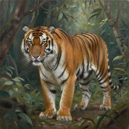 a gorgeous, fantastic, tiger in the jungle by victo ngai, trending on artstation, artgerm, oil on canvas, muted colors