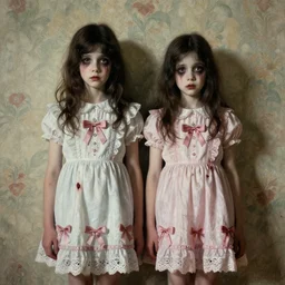 a beautiful and eerie baroque painting of two beautiful but creepy siblings wearing kawaii dresses in layers of fear, with haunted eyes and dark hair, 1 9 7 0 s, seventies, wallpaper, a little blood, morning light showing injuries, delicate embellishments, painterly, offset printing technique, by brom, robert henri, walter popp