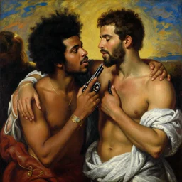 the weeknd and drake with guns by giuseppe arcimboldo, brown skin, classical painting, digital painting, romantic, vivid color, oil painting
