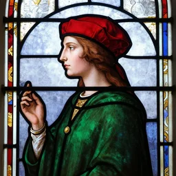 side - view portrait of iorveth, green coat, red cap, 1 5 th century stained glass window, very masterful
