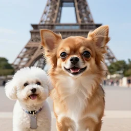 a photorealistic closeup image of a cute brown colored long haired chihuahua cocker spaniel dog with a happy white bichon frise dog in paris outside the eiffel tower. brightly lit. extreme detail. 4 k hd unreal engine
