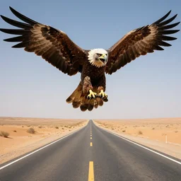 an elderly man riding a giant eagle, screaming, terror, desert highway, bold natural colors, national geographic photography, masterpiece, 8 k, raw, unedited, symmetrical balance