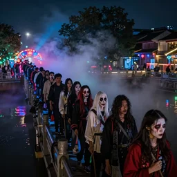 中 国 鬼 节, long procession of the dead is queuing up on the naihe bridge. psychedelic lights and fog, mucha, zdzislaw, tyler jacobson, noah bradley, james paick, hyperrealist, 8 k