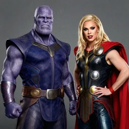 thanos and chris hemsworth as thor are drag queens, photorealistic, cinematic, studio lighting