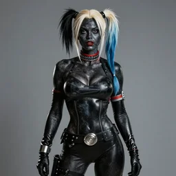 cosplay on black harley queen, high detail of the face, full body character concept art, artstation, cinematic, hyper detailed