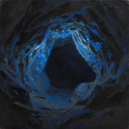 Inside of dark cave illuminated by blue lights, oil painting, matte,