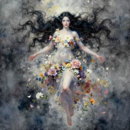 full body portrait, long shot, of a beautiful goddess, sworming in flowers, magical, pale skin, blue eyes, long black hair, floating in a misty daze,  by pete mohrbacher and greg rutkowski, watercolor painting,q deviantart, pinterest