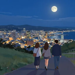 walking around misumi west port and manda pit, kumamoto, japan. volumetric lighting, spring night, stars and moon, clear weather, ( few clouds ), realistic illustration, perfectly shaded, soft painting, art by krenz cushart and wenjun lin