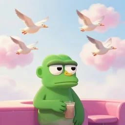 flying ducks, cotton candy clouds in background, soft lighting, bright environment, fog, bored ape yatch club - style art