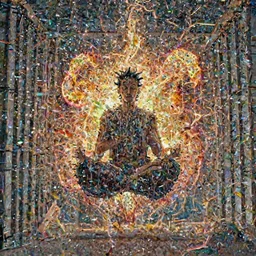 el chapo floating down from heaven in deep meditation. el chapo meditates in the lotus position. exploding out of prison. prison on fire. explosions.