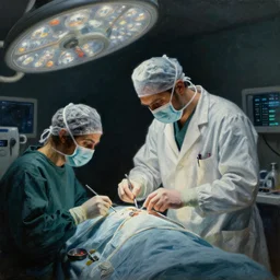 a surreal, horror moody painting of a doctor performing surgery in a hospital by magritte, oil on canvas