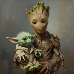 very detailed masterpiece painting of groot holding yoda, portrait, artstation, concept art by greg rutkowski