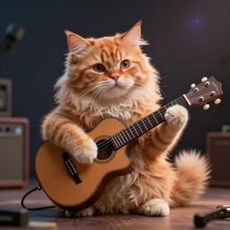 the fluffiest orange cat in the Universe, playing the guitar, synthwave style