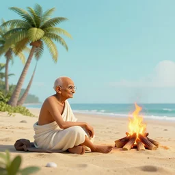 gandhi at the beach sitting on the sand next to a campfire with palm trees in the back, gloomhaven, matte painting concept art, art nouveau, beautifully backlit, swirly vibrant color lines, fantastically gaudy, aesthetic octane render, 8 k hd resolution