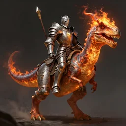 human paladin wearing full plate armor with a flaming riding a velociraptor, concept fantasy, dnd