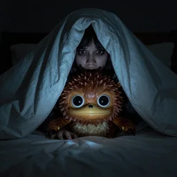 deeply unsettling furby hiding under the bed and lit like a horror movie as it looks up at the person hiding under their covers on terror