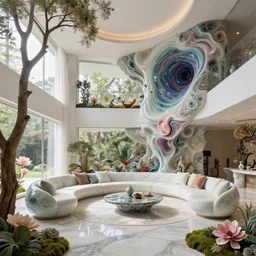 highly detailed villa natural beautiful light interior soft cinematic composition of a smooth ceramic porcelain biophilic magnolia stone nebula fluid sci - fi surreal colorful flowers architecture landscape, furniture, granite, trees, marble, moss, lichen, fungi, vincent callebaut composition, mamou - mani, archviz, 8 k, unreal engine, hdr