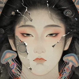 3 d close - up portrait, with blattodea face traditional japanese art liminal broken in to pieces fractured, swirly phoenix jellyfish, highly detailed, iridescent accents. by wlop, tooth wu, greg rutkowski, alena aenami, beeple