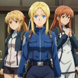 a blonde woman who looks like a mixture between Annie Leonhart from Attack on Titan, Samus Aran from Metroid and Violet from Violet Evergarden, wearing blue utilitarian jumpsuit, highly detailed portrait, anime key visual, lois van baarle, ilya kuvshinov, rossdraws, artstation