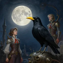 happy full moon! 🌕✨, by anne stokes and kaja foglio, a black bird with a yellow beak, by esao andrews, steampunk heaven, by michael komarck and john howe, lovecraftian, fantasy art, artstation hd, d & d, detailed painting, i dream of the machine