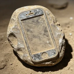 fossil of a stone iphone from the year 2 5 0 0 bc, archeological find, dusty, direct sunlight, detailed, 4 k, real