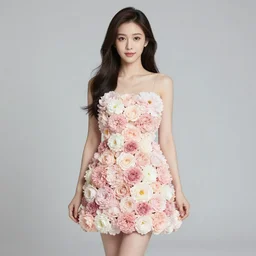 a young elegant lady wearing a dress made of flowers, studio photoshoot, hd
