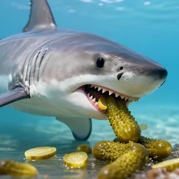 great white shark eating pickles. hyperdetailed photorealism