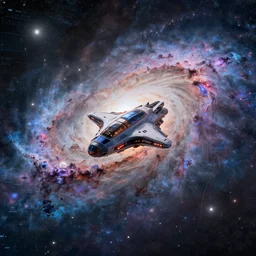 futuristic spaceship at center of the galaxy engulfed by a giant nebula covered in space, digital painting, unreal engine, 3 d render