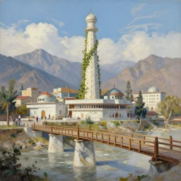 retrofutristic city under kashmir mountains, khanqah - e - muala, little wood bridge, painting of tower ivy plant in marble late afternoon light, wispy clouds in a blue sky, by frank lloyd wright and greg rutkowski and ruan jia