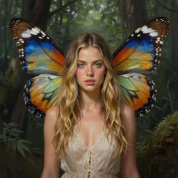 full body portrait of a genetic mix of mila kunis and olivia munn with two butterfly wings, ultra realistic. elegant, highly detailed, digital painting, detailed face, 8 k, forest background. artstation, ultra realistic. elegant, artstation, in the style of artgerm, donato giancola, joseph christian leyendecker, wlop and boris vallejo