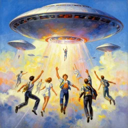 a picture of people floating up into flying saucers, the rapture, a detailed action painting by mort kunstler, pixiv, kitsch movement, blissful background, movie poster, official art