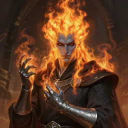 medium-length portrait of a male fire genassi sorcerer with hair made of fire and dark eyes, fire genassi, fire genassi, fire hair, fire elemental, grey skin, serious expression, wears a dark robe and silver gauntlets, medieval setting, highly detailed, digital painting, artstation, concept art, sharp focus, illustration, art by greg rutkowski and alphonse mucha