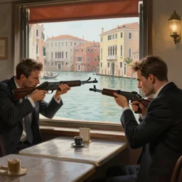 two criminals in suits aiming an assault rifle at each other in a cafe in venice, window overlooking beautiful venice canals, digital painting, amazing detail, sharp, intricate, smooth, realistic faces, artstation, in the style of greg rutkowski and artgerm
