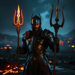 badass photograph of a man clad in black metallic medieval armor holding a glowing trident, background of a nuclear wasteland at night with lava, dramatic lighting, film still