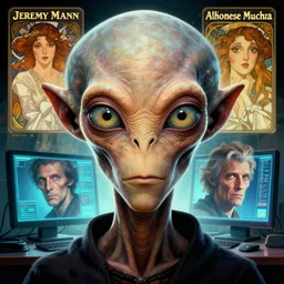 hyperrealist portrait of an ancient old alien man with large cruel intelligent eyes and a huge head standing in front of a computer interface by jeremy mann and alphonse mucha and stan lee, fantasy art, photo realistic, dynamic lighting, artstation, poster, volumetric lighting, very detailed faces, award winning, full face, symmetry