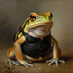 a painting of an anthropomorphic amazon milk frog wearing a black buttoned waistcoat, an american romanticism painting by john trumbull, a portrait painting, cgsociety, soft focus, oil on canvas