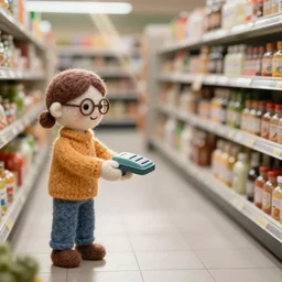 needle felted person paying for the  supermarket, highly detailed, tilt shift, cute, hyperrealism, highly textured, god rays