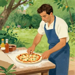 A man baking Pizza in his garden in the style of Henri Rousseau