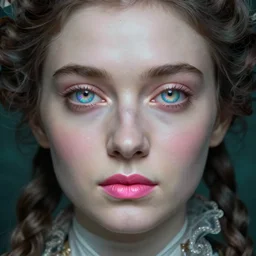 hyperrealistic very detailed rococo portrait of woman with iridescent eyes and pink mouth matte painting concept art Noah Bradley very dramatic dark teal lighting wide angle hd 35mm shallow depth of field 8k
