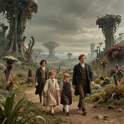 sharp, highly detailed, 9216k film, 17150mm film still from a sci fi blockbuster color movie made in 2019, set in 1860, of a family walking through a very alien landscape that is full of strange alien plants, on an alien planet, the family are all wearing 1860s era clothes, good lighting, in focus, 350mm f/1.4L lens